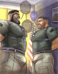 bara bulge facial_hair fully_clothed hands_behind_back male male_only muscles muscular robertsilva2019 size_difference speech_bubble