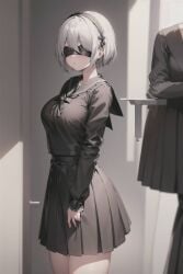 1girls 84crows ai_generated android android_girl black_sailor_collar black_shirt black_skirt blindfold breasts grey_hair hairband large_breasts nier:_automata pleated_skirt sailor_collar school_uniform shirt short_hair skirt yorha_2b