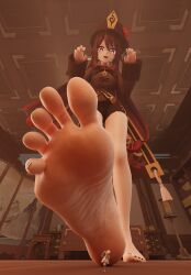 2girls black_toenails brown_hair feet foot_fetish genshin_impact giantess hat hu_tao_(genshin_impact) lumine_(genshin_impact) minigirl miraifear red_eyes soles toes