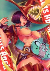 big_breasts black_clothing black_hair breasts female fingerless_gloves glasses gloves green-tinted_eyewear guilty_gear guilty_gear_strive guitar i-no light-skinned_female light_skin nipples pussy red_clothing short_hair smile smiling solo solo_female sunglasses telrem thighs tinted_eyewear witch_hat