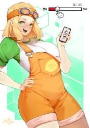 1girls app attribute_slider blonde_hair body_slider breasts expansion_app female goggles goggles_on_head green_eyes lulu-chan92 original original_character phone slider slider_(control) smartphone thighs