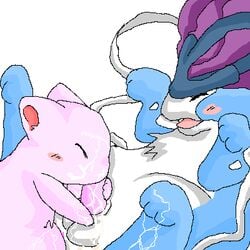 1boy 1other animal_genitalia animal_penis anthro balls ballsack blowjob color erection fellatio fur furry interspecies male mew nintendo no_humans oral oral_sex penis pokémon pokemon pokemon_(species) scrotum sexless straight_hair suicune testicles toony