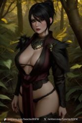 1girls ai_generated black_hair breasts cleavage dragon_age female female_focus female_only hair hi_res highres light_skin morrigan_(dragon_age) sanctusnsfw solo solo_female standing yellow_eyes