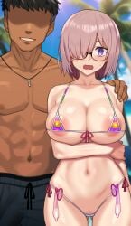 1boy 1girls after_sex blush cameltoe condom_belt dark-skinned_male fate/grand_order fate_(series) glasses hair_over_one_eye hand_on_shoulder large_breasts mash_kyrielight micro_bikini nipple_bulge nt00 swimsuit used_condoms