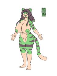 anthro barefoot big_breasts breasts feet felid female fur genitals green_body green_eyes green_fur hi_res huge_breasts komenuka_inaho mammal nude_female open_mouth pantherine pussy simple_background smile solo tiger white_background