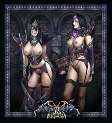 2008 2girls azazel_(artist) black_hair blizzard_entertainment breasts choker clothing cult_of_the_damned eastern_kingdoms female fishnets forsaken garters gloves human human_necromancer illucia_barov jandice_barov jewelry lingerie long_hair multiple_girls necklace nipples panties pubic_hair scholomance scourge_(warcraft) see-through thighhighs undead undead_(warcraft) undead_female undressing warcraft world_of_warcraft