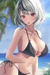 1girls 2022 :p bikini bikini_top bikini_top_pull black_hair blush braid breasts cleavage criss-cross_halter female grey_hair hair_ornament halterneck haro_art hololive hololive_japan holox large_breasts looking_at_viewer medium_hair multicolored_hair navel ocean outdoors panties red_eyes sakamata_chloe side-tie_panties solo streaked_hair swimsuit tongue tongue_out underwear virtual_youtuber x_hair_ornament