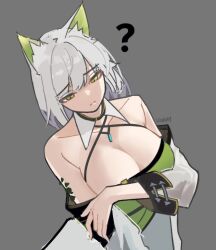 1girls alternate_breast_size animal_ears arknights cat_ears catgirl female female_focus female_only holding holding_breast kal'tsit_(arknights) light-skinned_female light_skin medium_breasts nuggetkouhai question_mark short_hair tagme viewed_from_above white_hair