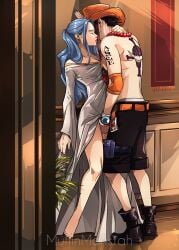 against_wall arm_around_neck blue_hair_female bodily_fluids bodily_fluids_drip clothed_sex drenched f/m female female/male fingering hands_under_clothes male muffinmonstah neck_kiss nefertari_vivi one_piece portgas_d_ace shirtless_male skirt_lift standing straight tattoo_on_back tattoos topless_male undone_belt vaginal_fingering