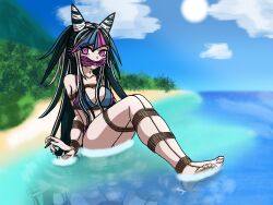 1girls barefoot beach bikini bondage breasts cleave_gag damsel_in_distress danganronpa female female_only gag gagged giantess mioda_ibuki ocean pink_eyes sea solo solo_female tied_breasts tied_hands tied_up toes