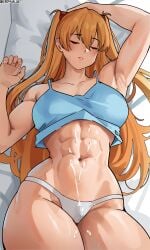 1girls abs aged_up asuka_langley_sohryu blue_eyes breasts cromwellb cum cum_on_abs cum_on_body female large_breasts long_hair lying_on_back muscular muscular_female neon_genesis_evangelion orange_hair panties thick_thighs