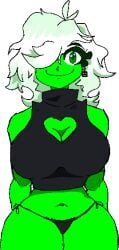 belly_button big_breasts boob_heart boob_window earrings geometry_dash green_eyes green_skin hair_over_one_eye happy huge_breasts lobotomy_(geometry_dash) normal_(geometry_dash) smile tagme thick_thighs thong_panties white_hair