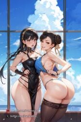 2girls ai_generated ass bangs bare_shoulders bikini black_dress black_hair blue_bikini blue_sky blush bracelet breast_press breasts brown_eyes brown_hair bun_cover china_dress chinese_clothes chun-li cleavage cloud collarbone covered_navel crossover day double_bun dress earrings female female_only front-tie_top gold_hairband hair_bun hair_ornament hairband human jewelry large_breasts long_hair looking_at_viewer luminesco multiple_girls ocean open_mouth panties pelvic_curtain red_eyes ribbon skindentation sky sleeveless smile spikes spy_x_family standing street_fighter street_fighter_6 swimsuit teeth thick_thighs thighhighs thighs thong underwear window yor_briar