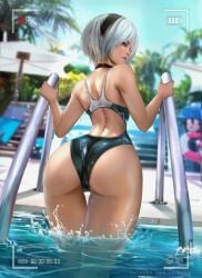 1girls ass ass_focus back back_view big_ass felox08 female female_focus female_only looking_at_viewer looking_back nier:_automata one-piece_swimsuit photo photo_(object) pool short_hair solo solo_female swimsuit thick_thighs water wet white_hair yorha_2b