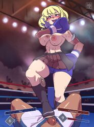 1boy 1girls 2024 adapted_costume alternate_costume alternate_hairstyle alternate_version_available artist_name big_breasts big_thighs blonde_hair blue_boxing_gloves blue_eyes blue_gloves blue_hair blue_shorts blush boots boxing boxing_gloves boxing_ring breasts bruise constance_von_nuvelle dark-skinned_male dark_skin deathzera defeated eyebrows_visible_through_hair female female_focus femdom fire_emblem fire_emblem:_three_houses fire_emblem_warriors:_three_hopes gameplay_mechanics gloves half-closed_eyes highres hud injury light-skinned_female light_skin male male_pov malesub mixed_boxing mouthguard multicolored_hair nintendo nipples official_alternate_hairstyle open_mouth penis pov shorts shorts_under_skirt skirt stats stepped_on stepping_on_penis sweat thick thick_hips thick_thighs thighs topless two-tone_hair watermark wide_hips