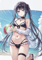 1girls ai_generated bangs beach_background beach_ball belly_button black_bikini black_hair black_legband blue_highlights choker classroom_of_the_elite female flip_flops himeno_yuki_(cote) holding_object long_hair looking_at_viewer necklace pigtails purple_eyes sandals solo_female solo_focus stomach white_jacket wsax youkoso_jitsuryoku_shijou_shugi_no_kyoushitsu_e