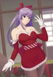 christmas_outfit gloves miya_asama non-nude open_box ophirianmerchant pinup purple_eyes purple_hair ribbons sekirei tagme