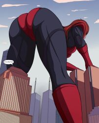 artist_request cameltoe cityscape female giant-girl giantess leotard marvel mary_jane_watson muscular_ass muscular_female muscular_legs muscular_thighs red_boots red_gloves red_hair red_panties rubber_boots rubber_gloves rubber_panties rubber_suit superheroine