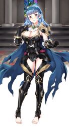 1girls alternate_costume alternate_hairstyle armor armored_leotard ascot bare_thighs black_armor black_gloves blue_cape blue_hair blue_hairband blunt_bangs breasts brown_eyes cape cleavage closed_mouth commentary commission corrin_(female)_(fire_emblem)_(cosplay) cosplay english_commentary feet female female_only fire_emblem fire_emblem:_three_houses fire_emblem_fates fire_emblem_heroes fire_emblem_warriors:_three_hopes gauntlets gloves hairband highres igni_tion indoors inner_thighs lace-trimmed_hairband lace_trim large_breasts long_hair looking_at_viewer marianne_von_edmund nintendo no_shoes official_alternate_hairstyle plackart shoulder_armor smile solo stirrup_legwear toeless_legwear toenails toes torn_cape torn_clothes white_ascot