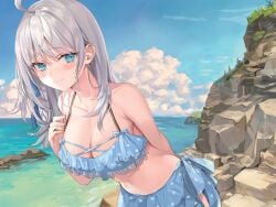 akino_ell alisa_mikhailovna_kujou bent_forward bent_over bikini blue_bikini blue_eyes blush breasts cleavage frilled_bikini large_breasts not_porn seaside silver_hair smile smiling tokidoki_bosotto_russian_de_dereru_tonari_no_alya-san