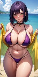 1girls 2024 abs ai_generated armpits beach big_breasts bikini blush blush_lines blushing_at_viewer bob_cut breasts cleavage cloud clouds collarbone dark_purple_hair dark_violet_hair day female female_only gigantic_breasts high_resolution highres hips hourglass_figure large_breasts legs looking_at_viewer navel original original_character parted_lips purple_hair sea self_upload short_hair smile smiling smiling_at_viewer solo stable_diffusion standing sun sunny swimming swimsuit thighs toned toned_body toned_female towel violet_hair voluptuous voluptuous_female water yellow_eyes yodayo