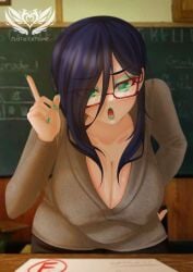 bent_over_table blue_hair breasts classroom cleavage emerald_quadron failing_grade glasses grade graded_assignment green_eyes green_fingernails hailstone_(vtuber) hailstone_eq hanging_breasts nipples_visible_through_clothing no_bra no_bra_under_clothes plutiacatsune school teacher teacher_outfit