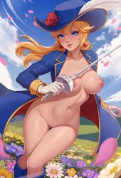 1girls 2d blonde_hair blue_boots blue_coat blue_eyes blue_hat blue_sky blush boots bottomless bottomless_female breasts cloud curvaceous curvy day earrings exlic facing_viewer falling_petals feet_out_of_frame female female_only flower_field gloves hat holding_sword hourglass_figure human human_only humanoid legs_together light-skinned_female light_skin looking_at_viewer mario_(series) medium_breasts mostly_nude naked_coat nipples no_bra no_panties not_furry nsfw open_jacket outdoor_nudity outdoors pale-skinned_female pale_skin parted_lips pink_nipples png princess_peach princess_peach:_showtime! pussy smile solo sphere_earrings swordfighter_peach thigh_gap uncensored white_gloves
