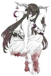 absurdres animal_ears bandaged_arm bandages barefoot black_gloves black_hair black_skin blood blood_on_clothes blood_on_dress breasts cleavage colored_extremities colored_skin colored_tips crescent crescent_ornament danua draph dress expressionless female fingerless_gloves full_body gloves gradient_hair granblue_fantasy hair_between_eyes half-closed_eyes hand_up highres horn_ornament horns invisible_chair jewelry large_breasts limited_palette long_dress long_hair long_horns looking_at_viewer multicolored_hair necklace pointy_ears praisecwg purple_eyes single_glove sitting sleeveless sleeveless_dress solo white_dress