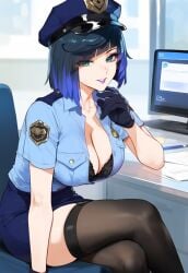 1girls ai_generated blue_hair cleavage crossed_legs femdom genshin_impact gloves green_eyes haylt large_breasts lingerie lipstick looking_at_viewer mature_female milf miniskirt police police_hat police_officer police_uniform policewoman pov purple_lipstick short_hair skirt stable_diffusion stockings thick_thighs thighhighs truckkunart yelan_(genshin_impact)