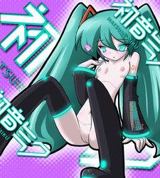 1girls 2d areolae artist_request bangs black_sleeves black_thighhighs blue_eyes blue_hair blue_nails bottomless character_name color detached_sleeves eyebrows_visible_through_hair eyes_visible_through_hair female female_only functionally_nude functionally_nude_female hair hatsune_miku japanese_text light-skinned_female light_skin logo long_hair nails nipples open_mouth purple_background pussy pussy_juice romaji_text simple_background sleeves solo speech_bubble text thighhighs topless twintails vocaloid