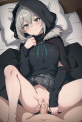 1boy 1girls 2d ai_generated anime blush breasts cloak clothed clothed_sex clothing cum cum_drip cum_in_pussy cum_inside duo ejaculation fate/grand_order fate_(series) female gray_(lord_el-melloi_ii) gray_hair green_eyes hood hoodie legs_apart light-skinned_female light-skinned_male light_skin looking_at_viewer lord_el-melloi_ii_case_files lying male male/female male_penetrating male_penetrating_female male_pov medium_breasts missionary missionary_position no_panties nopemope26 on_back on_bed penetration penis penis_out pov pussy pussy_ejaculation pussy_juice sex short_hair skirt uncensored vagina vaginal_insertion vaginal_penetration vaginal_sex video_games wet wet_pussy