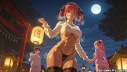 1boy 2girls abs ai_generated alternate_hairstyle architecture ass black_panties blue_eyes blunt_bangs breasts butterfly_hair_ornament east_asian_architecture from_below full_moon go-toubun_no_hanayome hair_ornament hair_scrunchie holding holding_hands holding_lantern lantern large_breasts long_hair long_sleeves looking_at_viewer meitabuu moon multiple_girls nakano_nino navel night night_sky outdoors panties pants paper_lantern pink_hair ponytail scrunchie short_hair sky sky_lantern smile star_(sky) stomach thighhighs thighs track_jacket tree uesugi_fuutarou underboob underwear