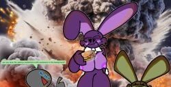 anthro big_breasts breasts chaoticdream cheek_tuft dialogue english_text female five_nights_at_freddy's furry glitchtrap nipples pixel_art rabbit rabbit_ears sandwich_(food) shadow_bonnie speech_bubble sweat text