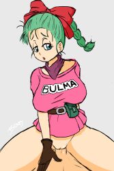 1boy 1girls big_breasts bulma_briefs clitoris clothed_sex cowgirl_position dragon_ball dragon_ball_(classic) gloves green_hair looking_at_viewer no_bra no_panties ponytail pov ribbon sex teenage_bulma