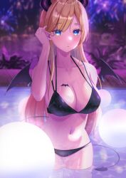 1girls 2022 adjusting_hair arm_behind_back bare_shoulders bikini bikini_top black_bikini black_horns blonde_hair blue_eyes blurry blurry_background breast_tattoo breasts collarbone demon_girl demon_horns demon_tail demon_wings female hand_up haro_art heart heart_tattoo hololive hololive_gen_2 hololive_japan horns large_breasts lights long_hair looking_at_viewer navel night official_alternate_costume parted_lips pointy_ears pool solo stomach straight_hair succubus swept_bangs swimsuit tail tattoo thigh_gap thighs very_long_hair virtual_youtuber wading water wet wings yuzuki_choco yuzuki_choco_(hololive_summer_2019)