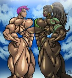 2d 2girls abs absurd_res ass big_ass big_breasts bikini blizzard_entertainment blue_eyes breasts brown_hair clenched_teeth clothing collarbone crossover curvy dark-skinned_female dark_skin earrings extreme_muscles eyelashes female female_focus female_only g-string glowing_eyes green_eyes grin hand_on_hip huge_ass huge_breasts human illaoi jewelry large_breasts league_of_legends lips lipstick long_hair makeup muscular muscular_female naughty_face osmar-shotgun overwatch pink_hair ponytail red_lipstick revealing_clothes riot_games scar seductive seductive_smile shaved_side shiny_skin short_hair side_view sideboob skimpy smile swimsuit symmetrical_docking tattoo teeth thick_lips thick_thighs thighs thong thong_bikini tied_hair underboob voluptuous watermark zarya