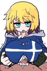 1boy 1girls aqua_eyes bags_under_eyes blonde_hair blue_hoodie blush breasts clothed_paizuri cum gloves hevikichi hoodie huge_breasts messy_hair original original_character paizuri paizuri_under_clothes pov purple_hair single_glove straight streaked_hair teeth titjob triangle_mouth