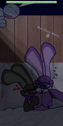 anthro big_breasts breasts chaoticdream cheek_tuft cuddling dialogue english_text female female/female female_focus five_nights_at_freddy's furry glitchtrap nipples pixel_art rabbit rabbit_ears shadow_bonnie sleeping sleeping_together speech_bubble text wholesome