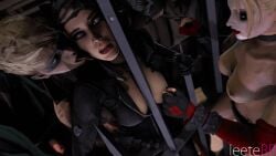 animated batman:_arkham_city batman_(series) catwoman catwoman_(arkham) catwoman_(arkham_city) copperhead copperhead_(arkham_orgins) dc dc_comics harley_quinn harley_quinn_(arkham) harley_quinn_(arkham_city) larissa_diaz licking nsfw selina_kyle spandex spandex_suit unmasked yuri