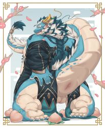 absurd_res anthro anus ass backsack balls blue_body clothed clothing dragon evilbear2 eyebrows facial_hair food fruit genitals hi_res kneeling lifewonders looking_back male mature_male overweight partially_clothed peach_(fruit) plant presenting presenting_anus qinglong solo tail thick_eyebrows thick_tail tokyo_afterschool_summoners