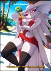 1girls beach big_breasts color drink english english_text felox08 female female_focus female_only furry hat helluva_boss human humanoid knee_up long_hair looking_at_viewer milf nipples_visible_through_clothing one_piece_swimsuit owl owl_demon red_swimsuit sea smile solo solo_female stella_(helluva_boss) swimsuit swimwear text thick_thighs water white_eyes white_hair