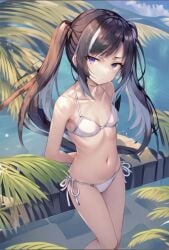 1girls ai_generated arms_behind_back bangs beach_background belly_button classroom_of_the_elite female himeno_yuki_(cote) long_hair looking_at_viewer petite_body pigtails posing_for_the_viewer purple_eyes schoolgirl solo_female solo_focus stomach white_bikini white_bikini_bottom white_bikini_top wsax youkoso_jitsuryoku_shijou_shugi_no_kyoushitsu_e