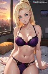 1girls ai_generated arm_support artist_name bare_legs bare_midriff bare_shoulders bare_thighs bed bedroom big_breasts blonde_hair blue_eyes bra breasts cleavage curvaceous curvy curvy_female curvy_figure hair_over_one_eye indoors ino_yamanaka light-skinned_female light_skin lingerie looking_at_viewer midriff nai_diffusion naruto naruto_(series) naruto_shippuden on_bed pak-fa-t-50 panties patreon_username pixiv_username ponytail purple_bra purple_panties sitting sitting_on_bed smile solo stable_diffusion sunlight sunset text tied_hair underwear underwear_only url watermark web_address window