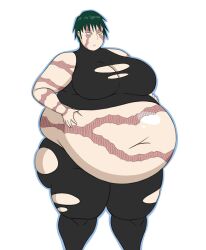 1girls bbw black_clothing burn_scar dark_green_hair fat fat_woman hoagiepost huge_belly jujutsu_kaisen mizz-britt morbidly_obese morbidly_obese_female obese short_hair solo_female tearing_clothes yellow_eyes zenin_maki