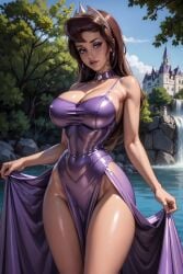 2d ai_generated bodycon brown_hair brunette choker drawn_together female front_view league69 long_hair looking_at_viewer outside princess_clara purple_dress purple_eyes solo water waterfall white_female