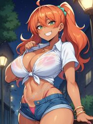 1girls ai_generated big_breasts breasts cleavage dark-skinned_female dark_skin female female_only green_eyes gyaru gyaru_gal gyarufied inviting jorgecarlosai night orange_hair red_hair seductive_smile short_shorts shorts shortshorts solo tagme thong thong_underwear tied_shirt twintails visible_underwear white_shirt