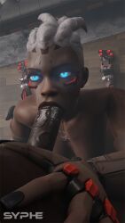 1boy 1girls african_female big_penis blizzard_entertainment cyborg cyborg_girl dark-skinned_male fellatio female gilf glowing_eyes kneeling male mature_woman nude nude_female nude_male oral oral_penetration oral_sex overwatch overwatch_2 robotic_arm robotic_eye robotic_legs saliva saliva_string sojourn_(overwatch) syphe veiny_penis wet_penis white_hair