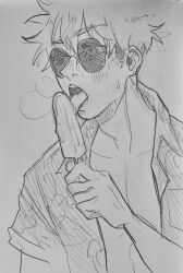 2024 blush heavy_breathing jujutsu_kaisen jun_zhiyi licking_popsicle male popsicle satoru_gojo solo_male sunglasses traditional_media_(artwork)