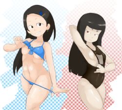 2girls areolae areolae_peeking arm_behind_head armpits asahi_(shin_megami_tensei_iv_final) atlus bikini bikini_bottom bikini_bottom_pull bikini_pull bikini_top bikini_top_pull black_hair blunt_bangs competition_swimsuit earrings exposed_breasts exposing_self female female_only hairclip long_hair maximumpingas medium_breasts megami_tensei multiple_girls nipple_peek nipples one-piece_swimsuit pale-skinned_female pale_skin panty_straps pulled_by_self pulling_panties red_eyes shin_megami_tensei shin_megami_tensei_iv shin_megami_tensei_iv_final small_breasts swimsuit swimsuit_aside swimsuit_pull swimwear toki_(shin_megami_tensei_iv_final)