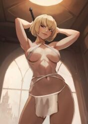 1girls armpits arms_behind_head bare_shoulders belly_button bikini_top blonde_hair clementine_(overlord) from_below godlem loincloth micro_bikini midriff overlord_(maruyama) red_eyes sling_bikini